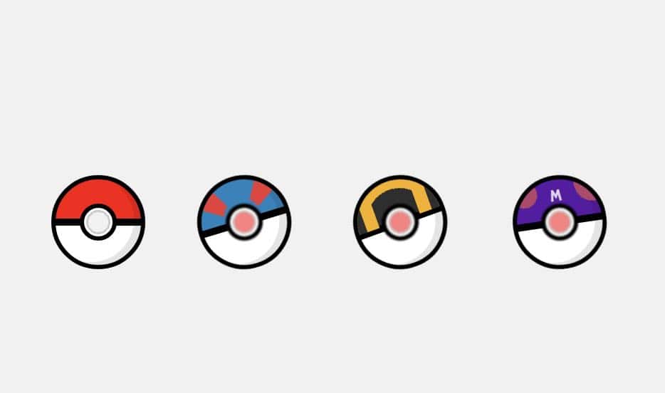An image of the 4 original Pokeballs (Pokeball, Great ball, Ultra Ball, & Master Ball) created entirely with CSS.