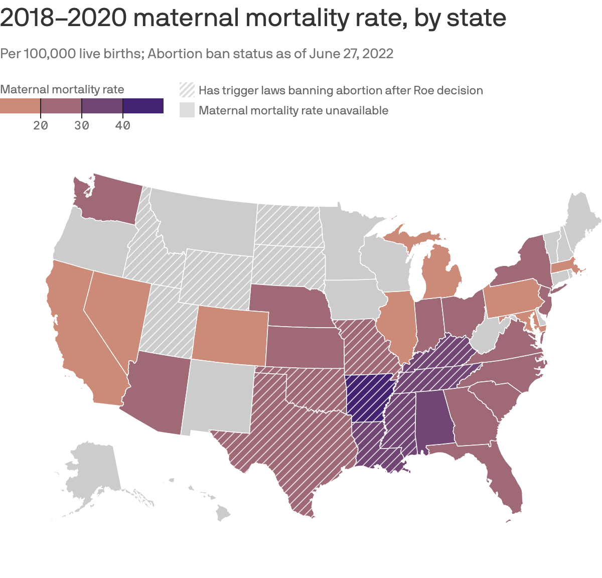 A map showing the 2018-2020 maternal mortality rate, with the states that banned abortion highlighted.