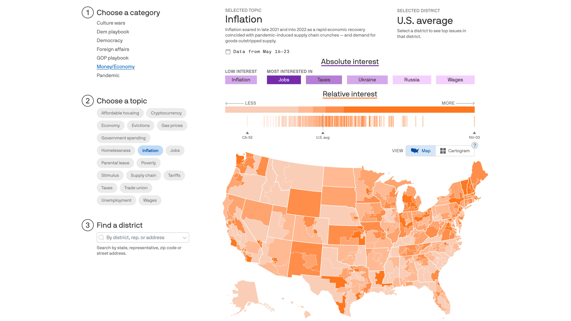 An interactive data visualization where you can change the appearance of a map and strip plot based on changing categories and topics.