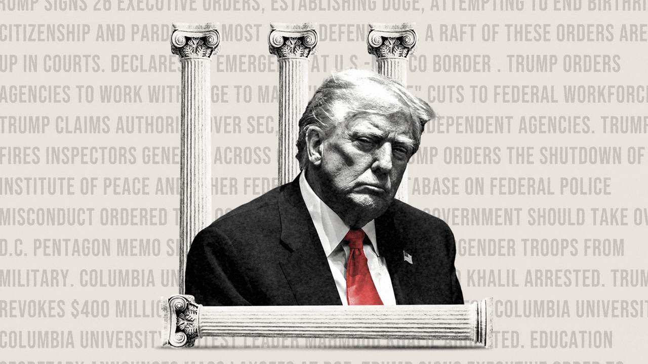 An illustration that has a black and white headshot of Donald Trump with three greek pillars behind him and one on the ground in front of him in the foreground, and a block of text of various events from his first 100 days in office in the background.