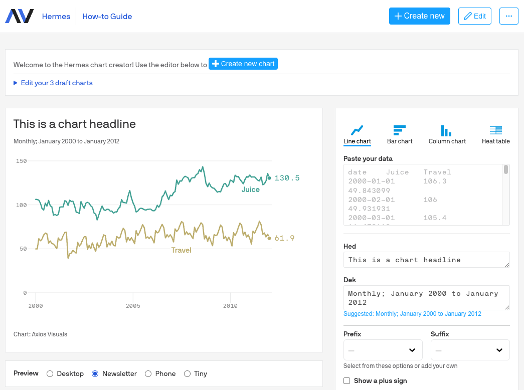 A preview of the Hermes chart maker, showing some of the options available to create a line chart.