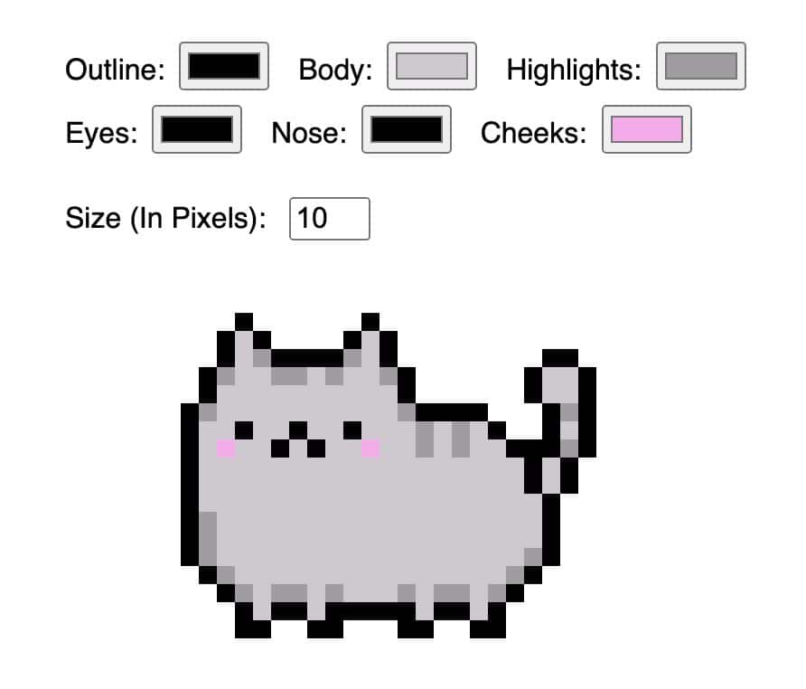 An image of Pusheen the cat made entirely with CSS. Users can change its size & color using input boxes.